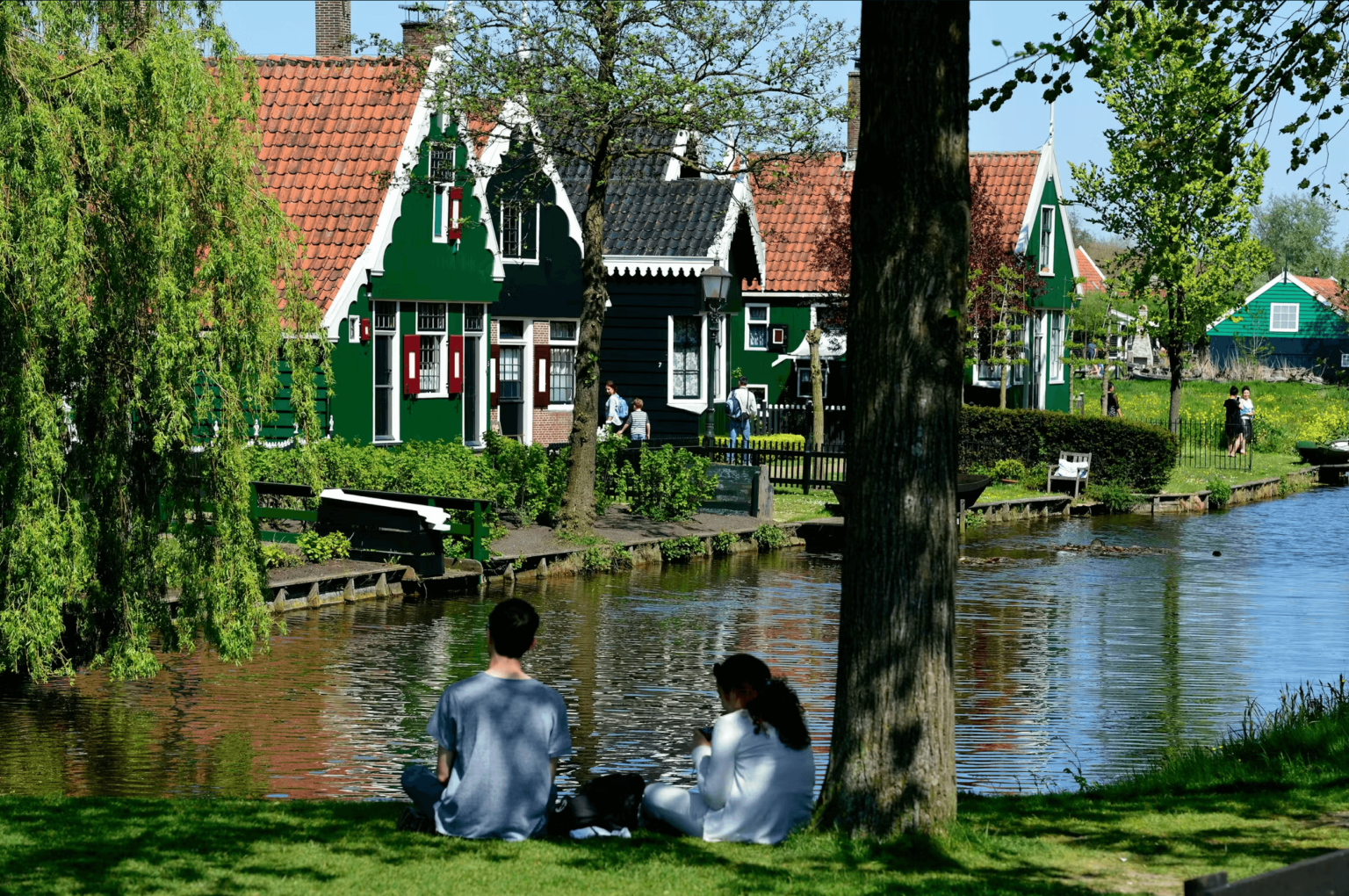Green wooden houses along the water in the Zaanse Schans